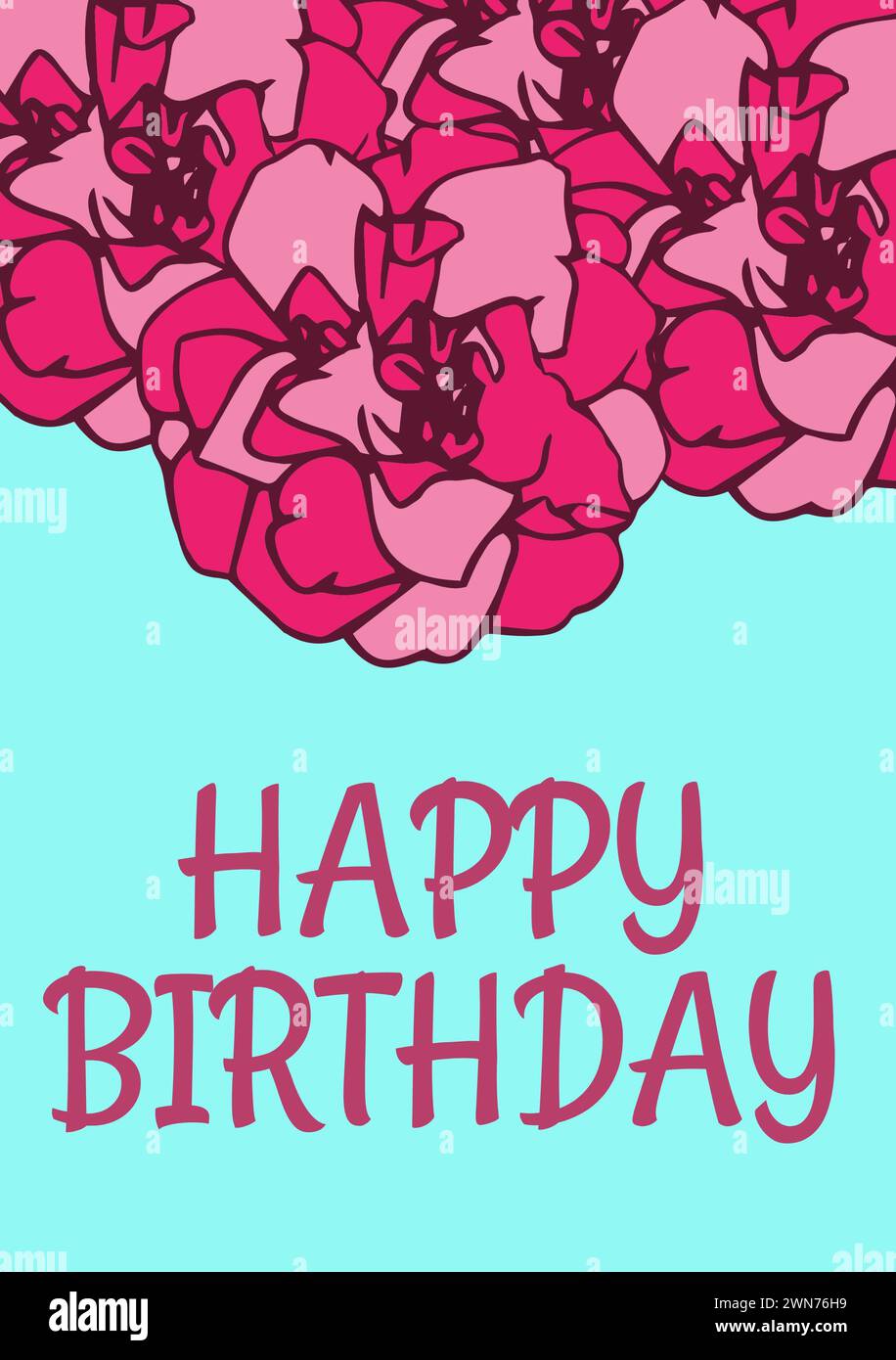 Composite of happy birthday text over pink flowers on blue background ...