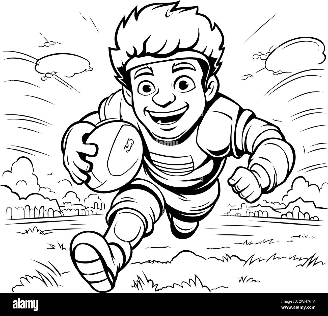 Black and White Cartoon Illustration of Rugby Player Running with Ball for Coloring Book Stock