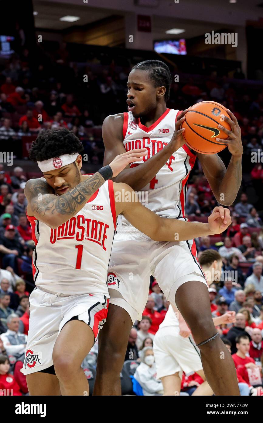 Columbus, Ohio, USA. 29th Feb, 2024. Ohio State Buckeyes center Felix Okpara (34) grabs a defensive rebound during the game between the Nebraska Cornhuskers and the Ohio State Buckeyes at Value City Arena, Columbus, Ohio. (Credit Image: © Scott Stuart/ZUMA Press Wire) EDITORIAL USAGE ONLY! Not for Commercial USAGE! Stock Photo