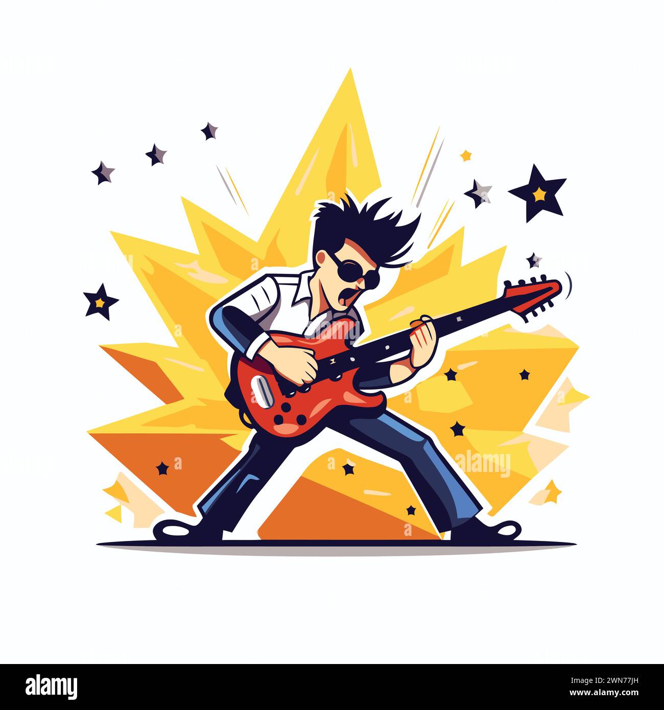 Vector illustration of a rock musician playing the electric guitar and ...