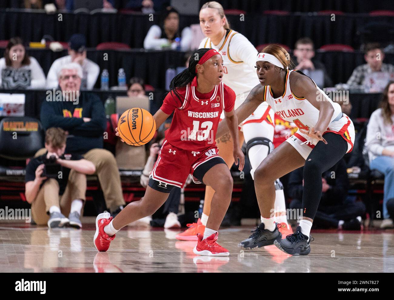 College Park, USA. 29th Feb, 2024. COLLEGE PARK, MD: - FEBRUARY 29: Maryland Terrapins guard Bri McDaniel (24) defends against Wisconsin Badgers guard Ronnie Porter (13) during a women's college basketball game between the Maryland Terrapins and the Wisconsin Badgers at Xfinity Center, in College Park, Maryland on February 29, 2024. (Photo by Tony Quinn/SipaUSA) Credit: Sipa USA/Alamy Live News Stock Photo