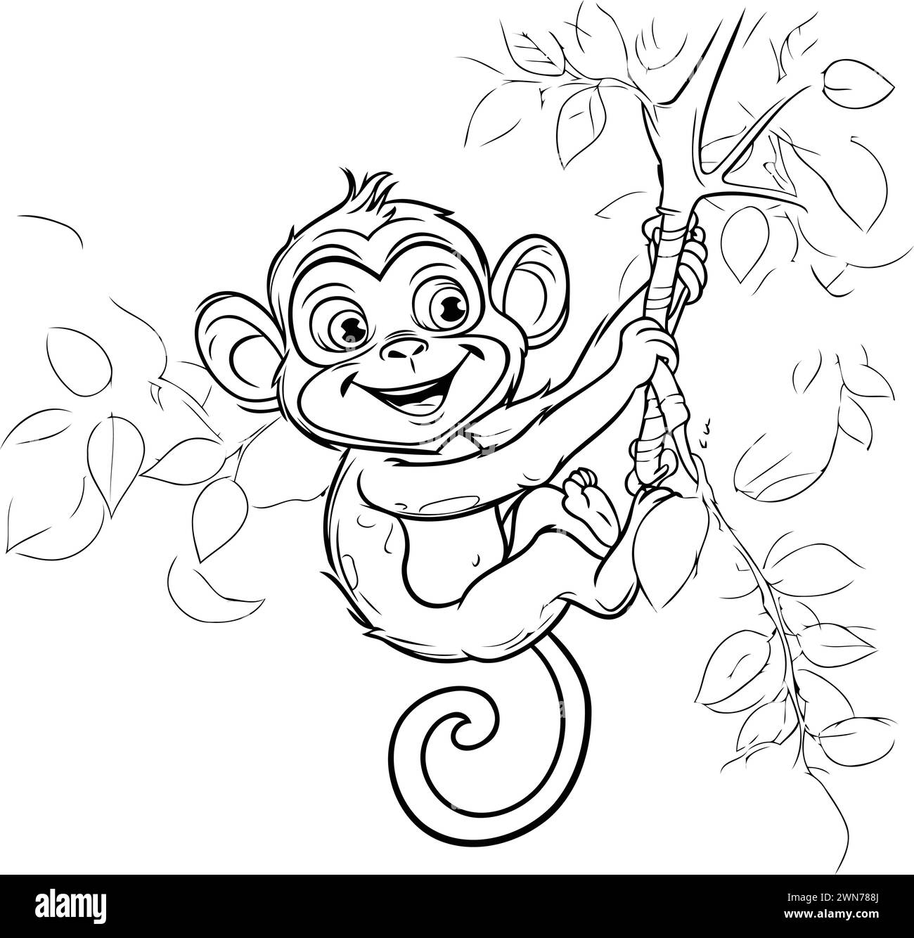 Monkey hanging on a tree branch. Vector illustration for coloring book