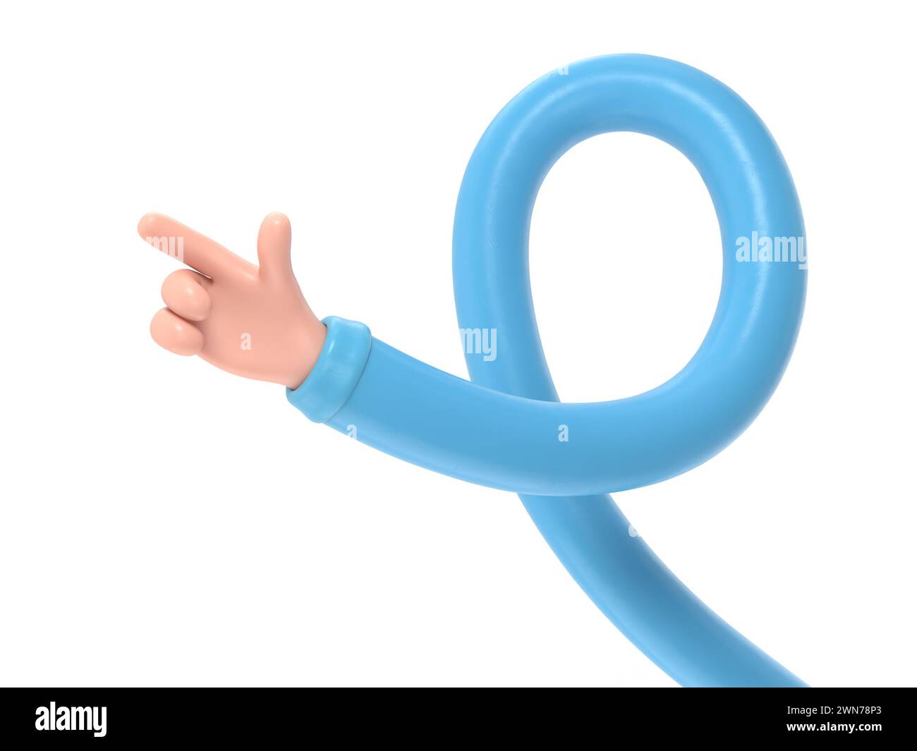 Cartoon Gesture Icon Mockup.Cartoon character hand pointing gesture. 3D rendering on white background.long arms concept. Stock Photo