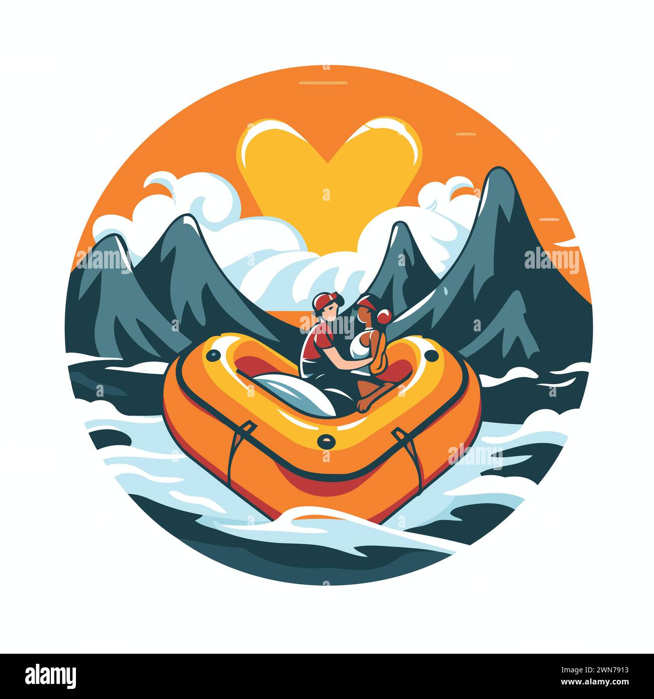 Couple on an inflatable boat in the mountains. Vector illustration ...