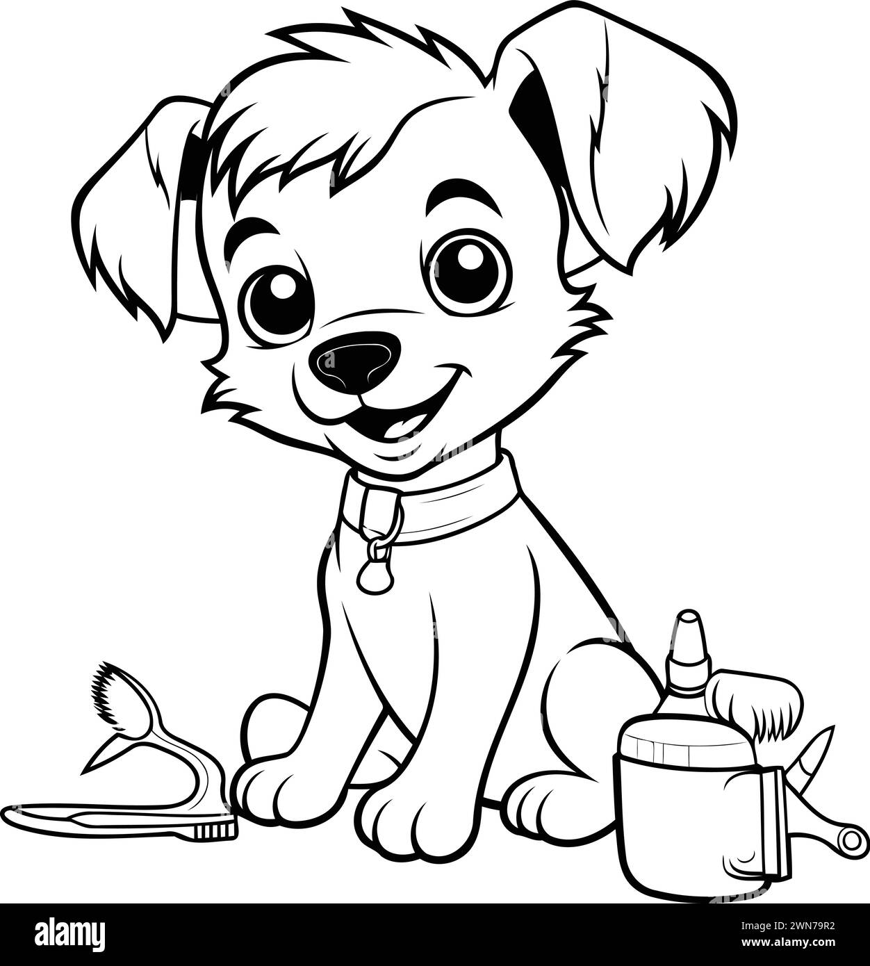 Black and White Cartoon Illustration of Cute Puppy Dog Character with