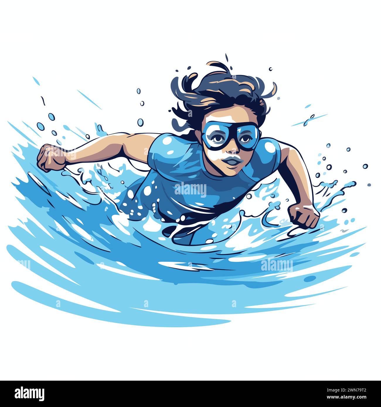Swimmer in a blue swimming suit and glasses. Vector illustration. Stock Vector