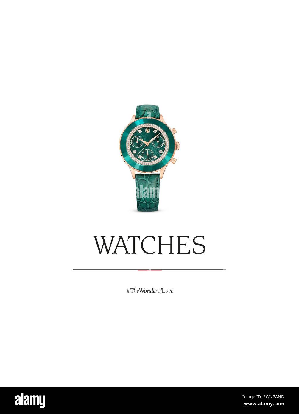 Encrusted wristwatch with crystal diamonds illustrative banner. Jewellery Swarovski brand product poster. Editorial use only - 2024 February. Stock Photo