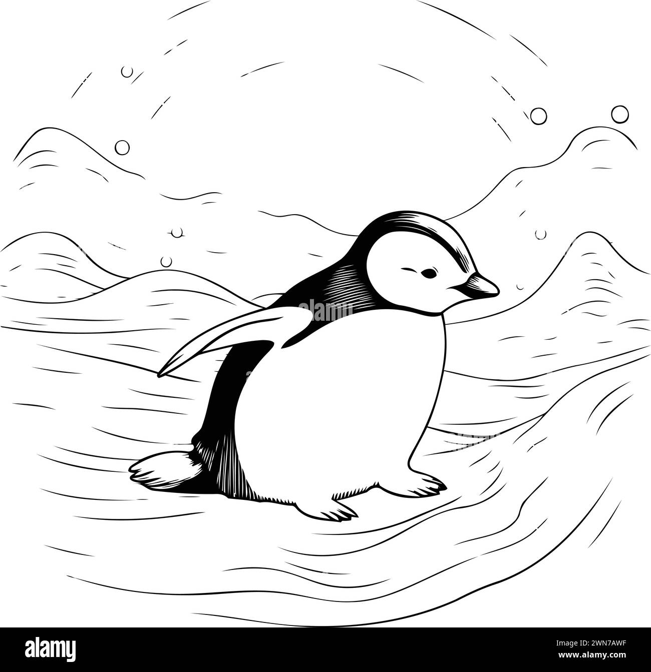 Cartoon penguin on the sea. Black and white vector illustration Stock ...