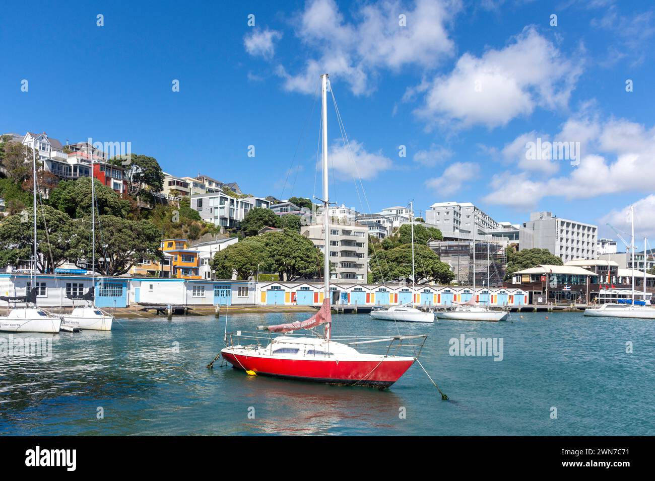 Boat sheds and Marina, Oriental Bay, Wellington, New Zealand Stock Photo