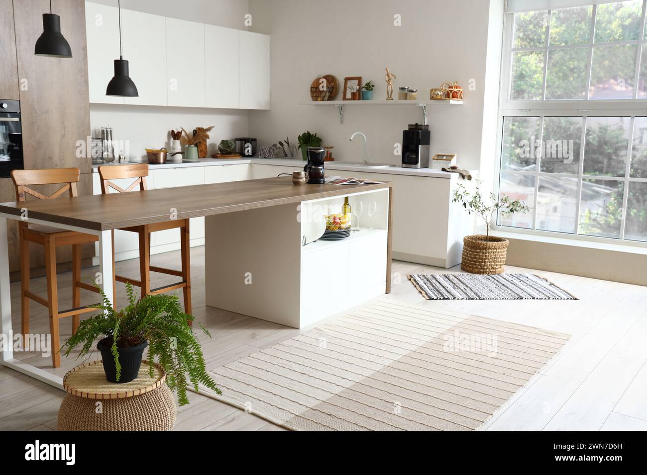 Interior of modern kitchen with white furniture, houseplant and wooden ...