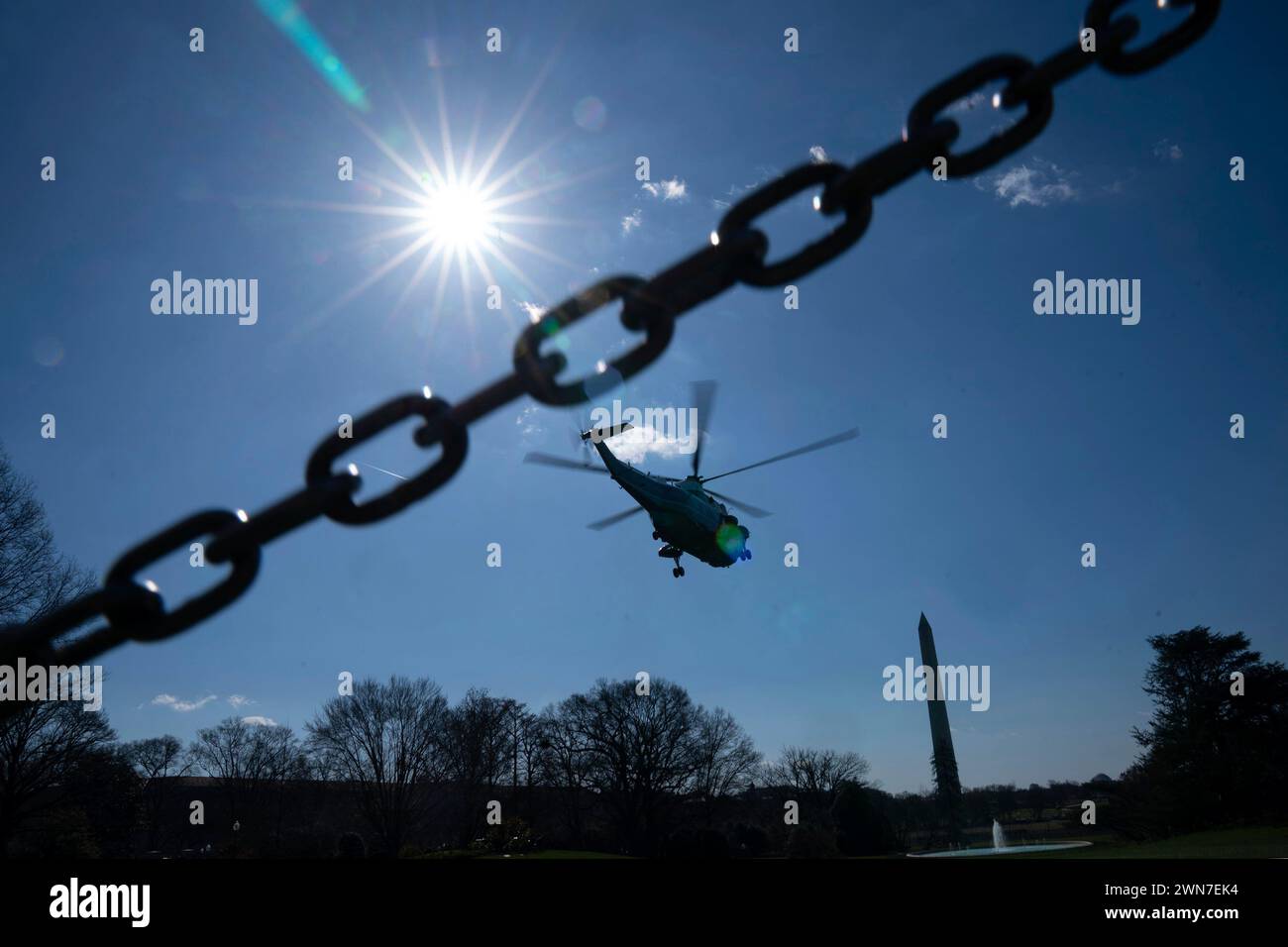 Washington, DC, USA. 29th Feb, 2024. Marine One, with United States President Joe Biden aboard, departs The White House in Washington, DC, US, on Thursday, February 29, 2024. Biden plans to visit Brownsville, Texas, where he will press lawmakers to pass a bipartisan Senate border security deal that was rejected by Republicans at Trumps urging and meet with US Border Patrol agents, law enforcement and local leaders. Credit: Leigh Vogel/Pool via CNP/dpa/Alamy Live News Stock Photo