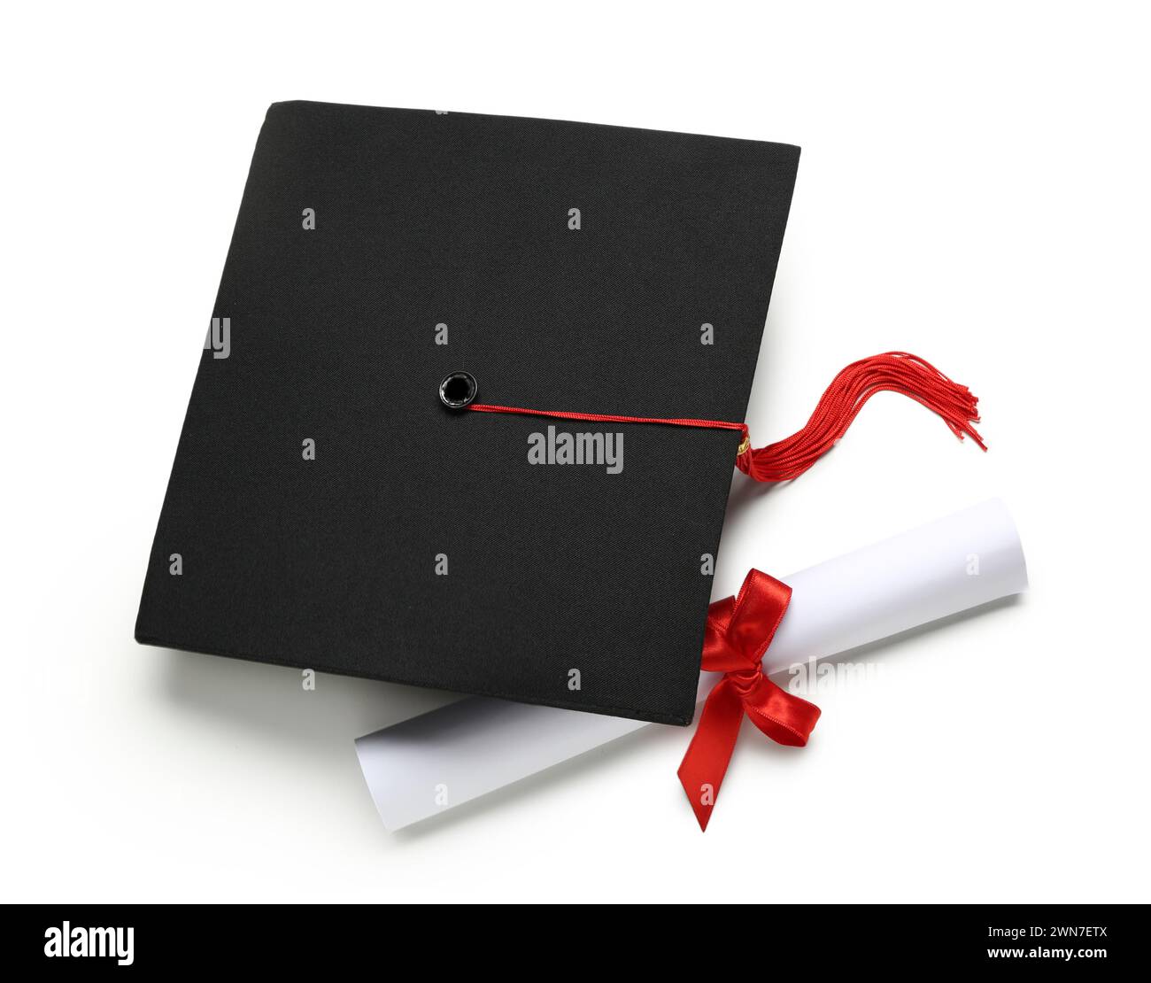 Mortar board and diploma on white background Stock Photo - Alamy
