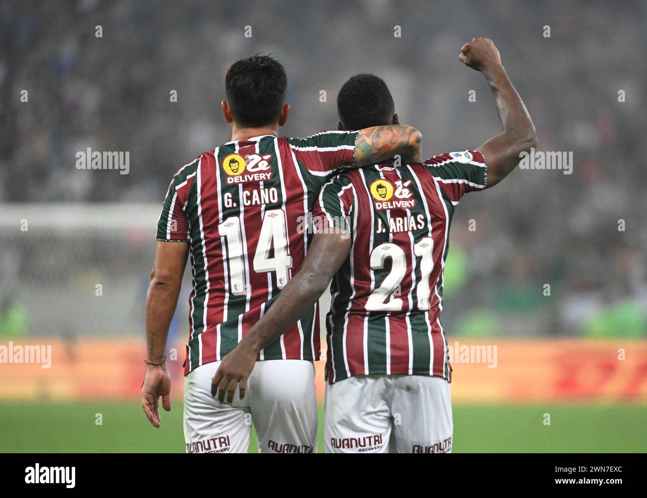 Rio de Janeiro, Brazil.February 29, 2024 Copa Libertadores das Américas (RECOPA) match between the teams Fluminense and LDU at the Maracanã stadium, Jhon Arias, Fluminense player, celebrates his goal during the match André Ricardo/Alamy Live News Stock Photo