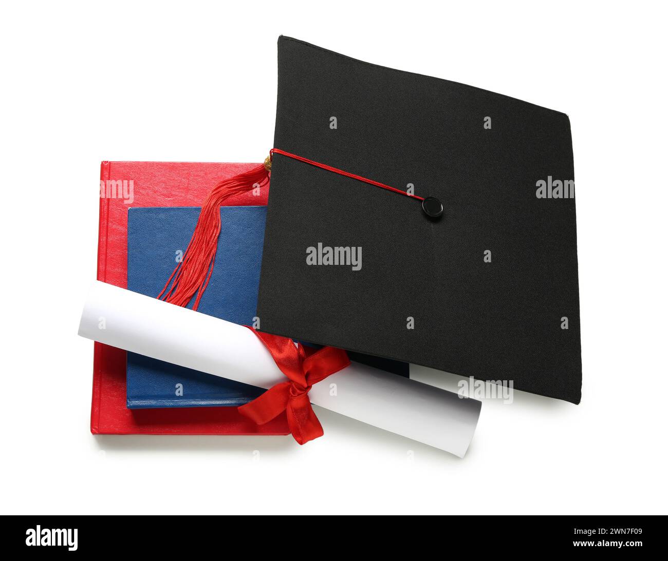 Mortar board with diploma and books on white background Stock Photo - Alamy