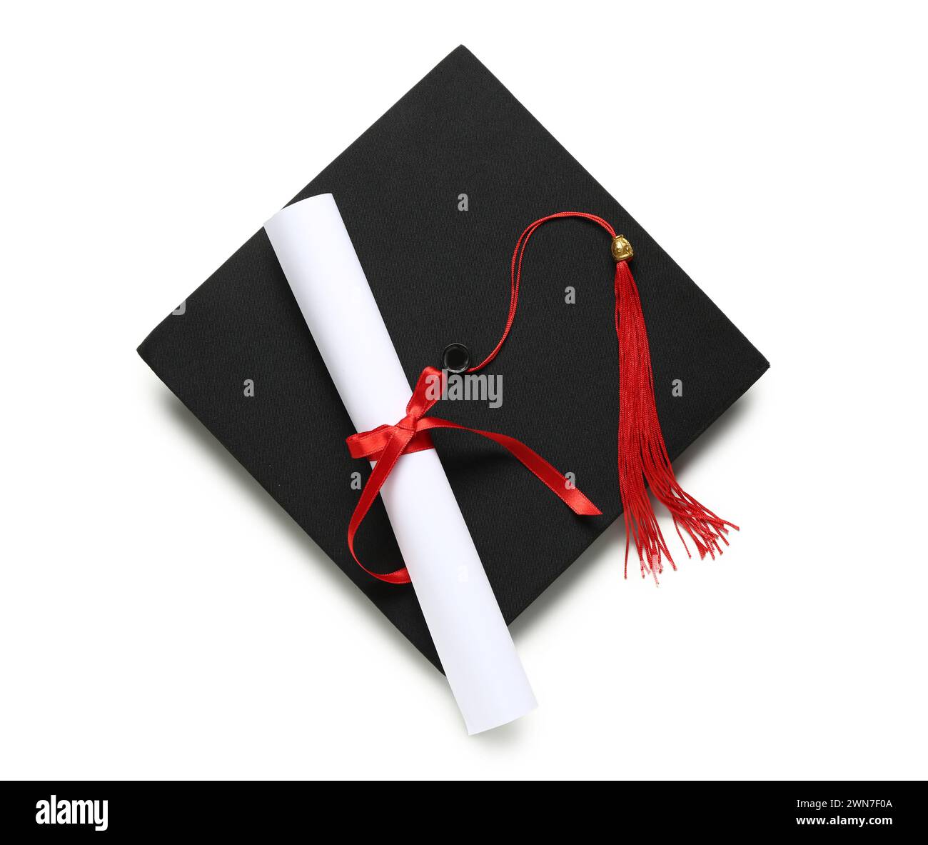 Mortar board and diploma on white background Stock Photo - Alamy