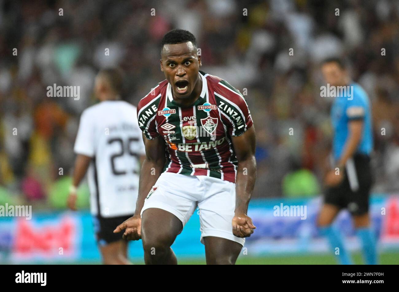 Rio de Janeiro, Brazil.February 29, 2024 Copa Libertadores das Américas (RECOPA) match between the teams Fluminense and LDU at the Maracanã stadium, Jhon Arias, Fluminense player, celebrates his goal during the match André Ricardo/Alamy Live News Stock Photo