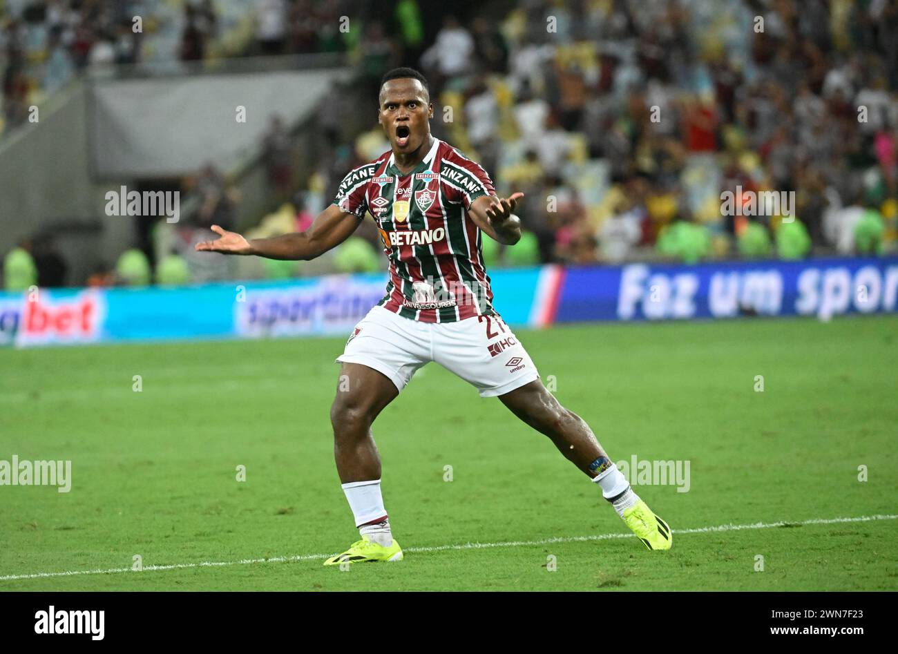 Rio de Janeiro, Brazil.February 29, 2024 Copa Libertadores das Américas (RECOPA) match between the teams Fluminense and LDU at the Maracanã stadium, Jhon Arias, Fluminense player, celebrates his goal during the match André Ricardo/Alamy Live News Stock Photo