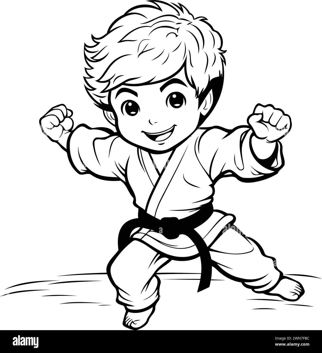 Karate Boy - Black and White Cartoon Illustration. Vector Art Stock ...