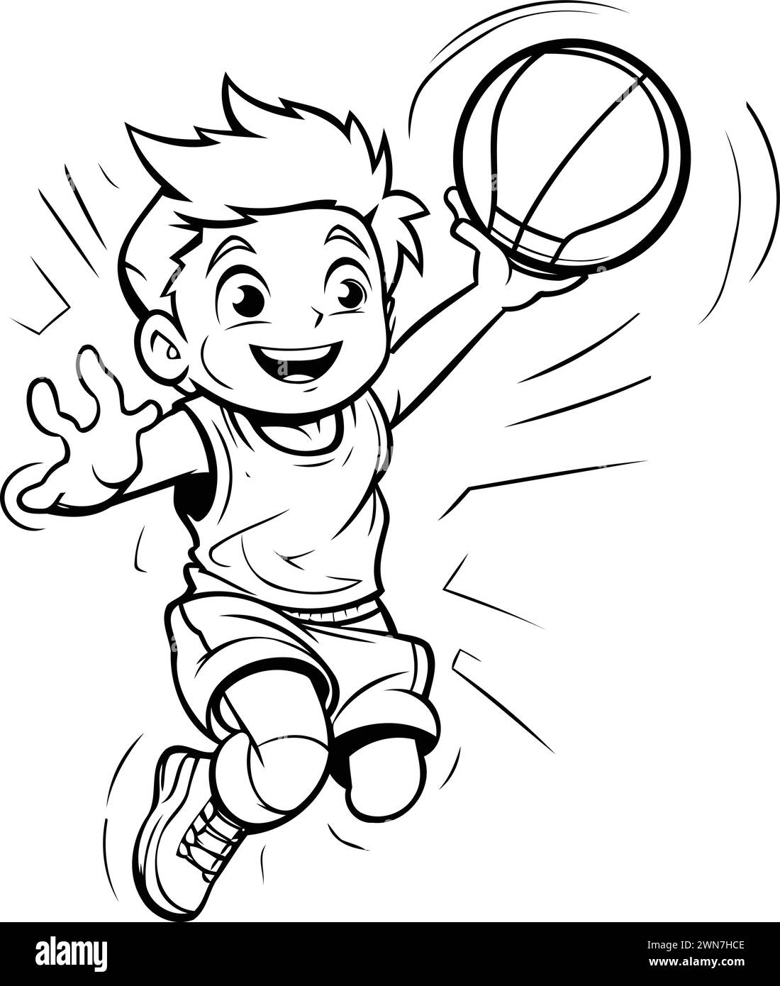 Black And White Cartoon Illustration Of A Boy Playing Basketball Or 