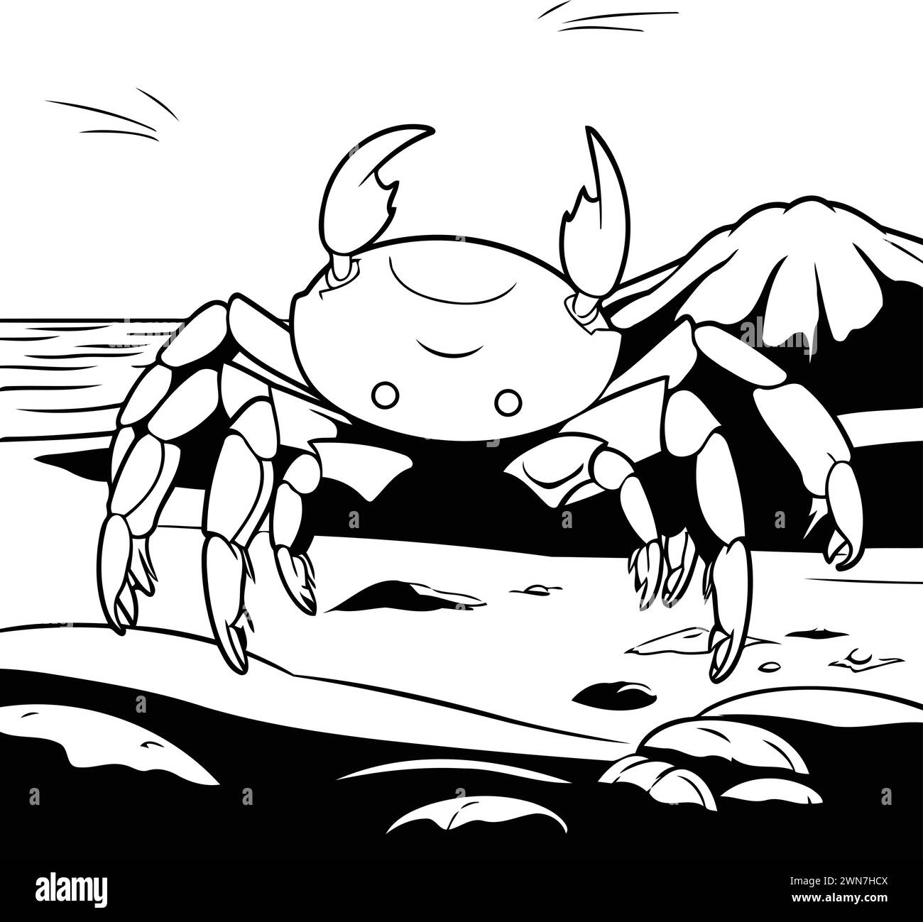 Crab on the beach. Black and white vector illustration for coloring book. Stock Vector