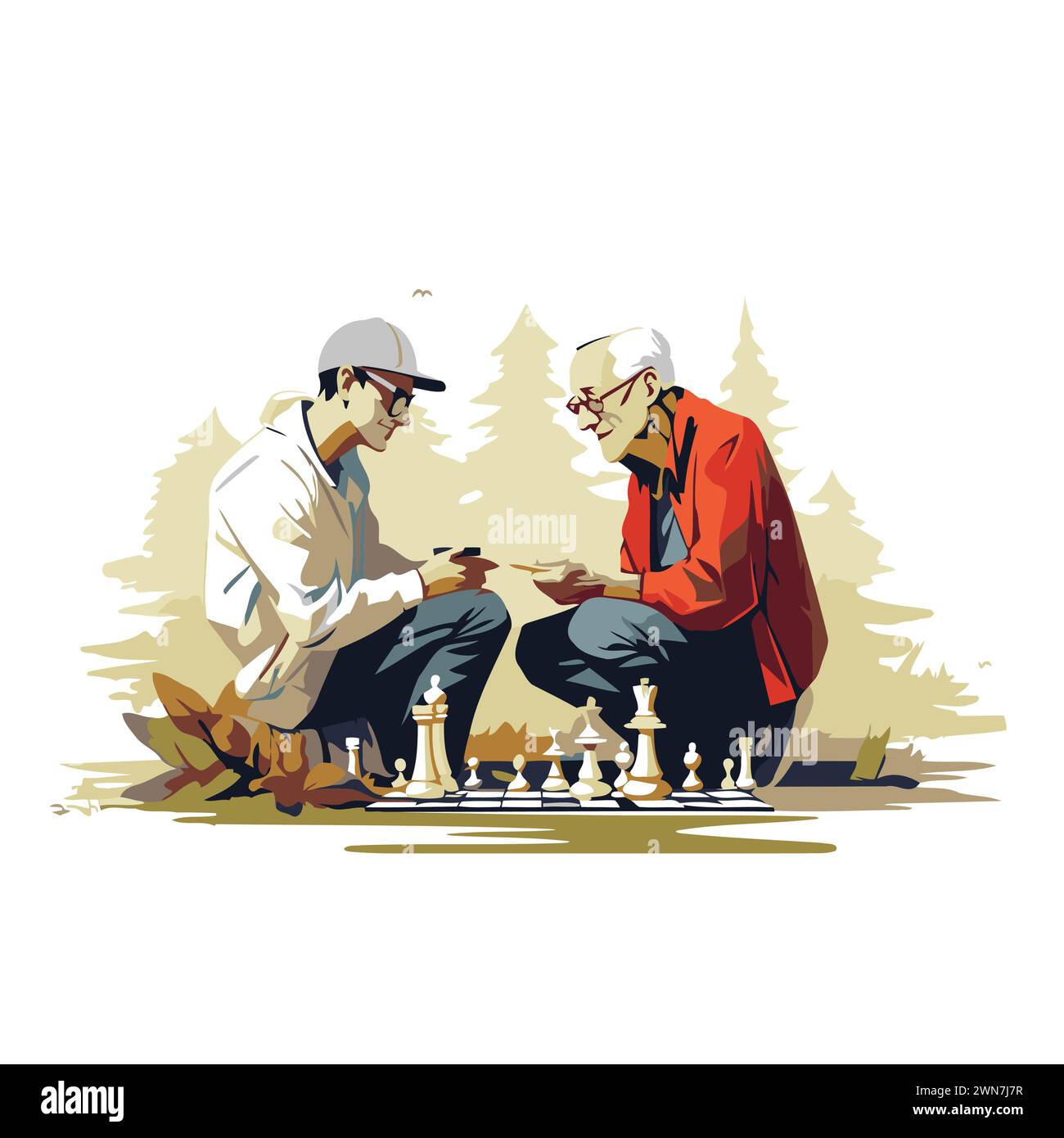 Two senior men playing chess in the park. Vector illustration on white background. Stock Vector
