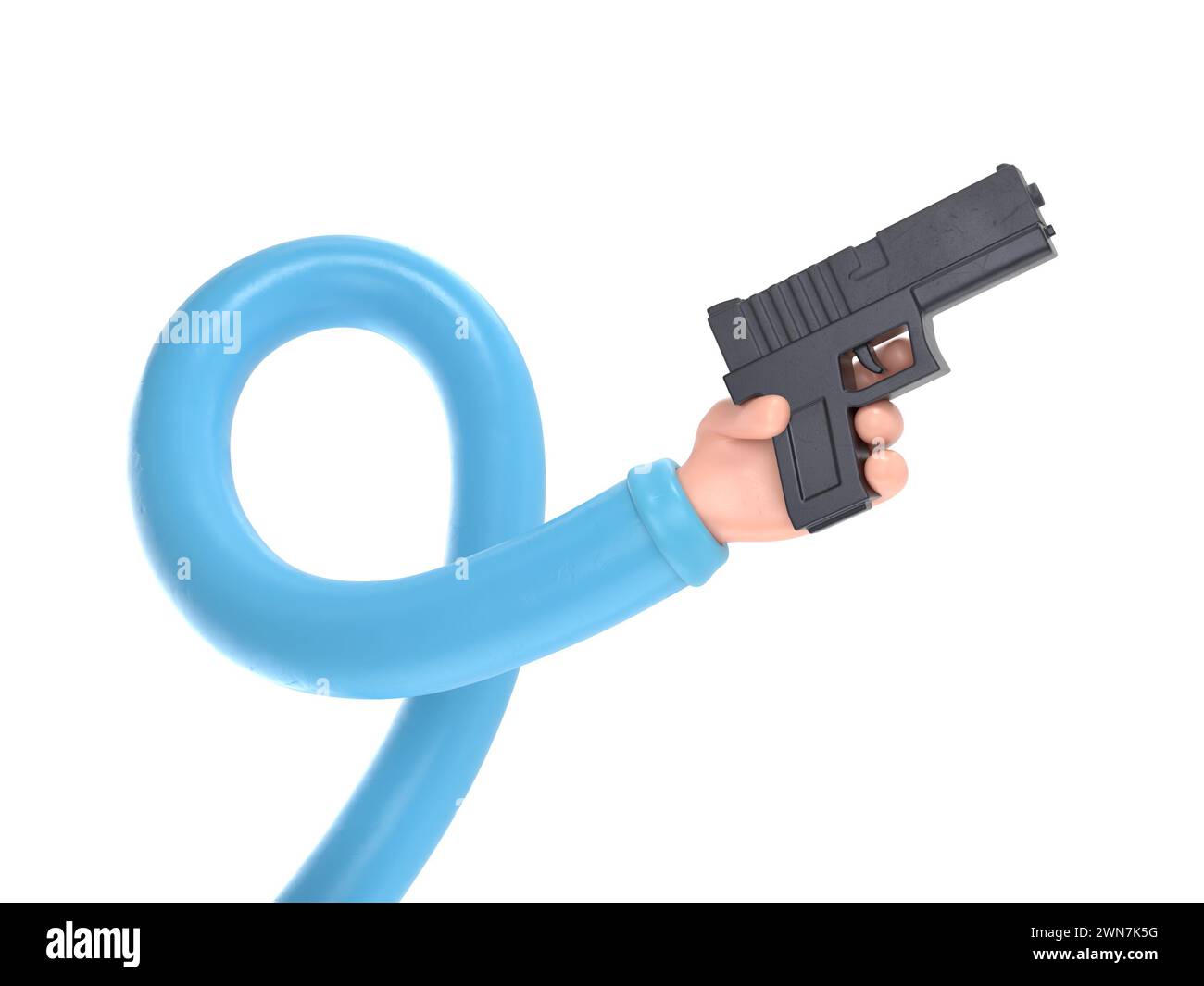 Cartoon Gesture Icon Mockup.Hand drawn cartoon illustration of human hand with gun, weapon.3D rendering on white background.long arms concept. Stock Photo