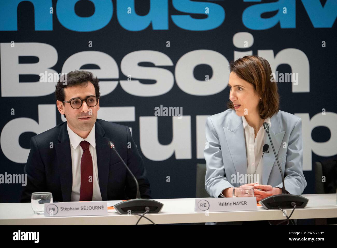 Paris, France. 29th Feb, 2024. French Prime Minister Gabriel Attal, Stephane Sejourne and Valerie Hayer during the 'Renaissance' party executive committee meeting in Paris, France on February 29, 2024. Photo by Eliot Blondet/ABACAPRESS.COM Credit: Abaca Press/Alamy Live News Stock Photo