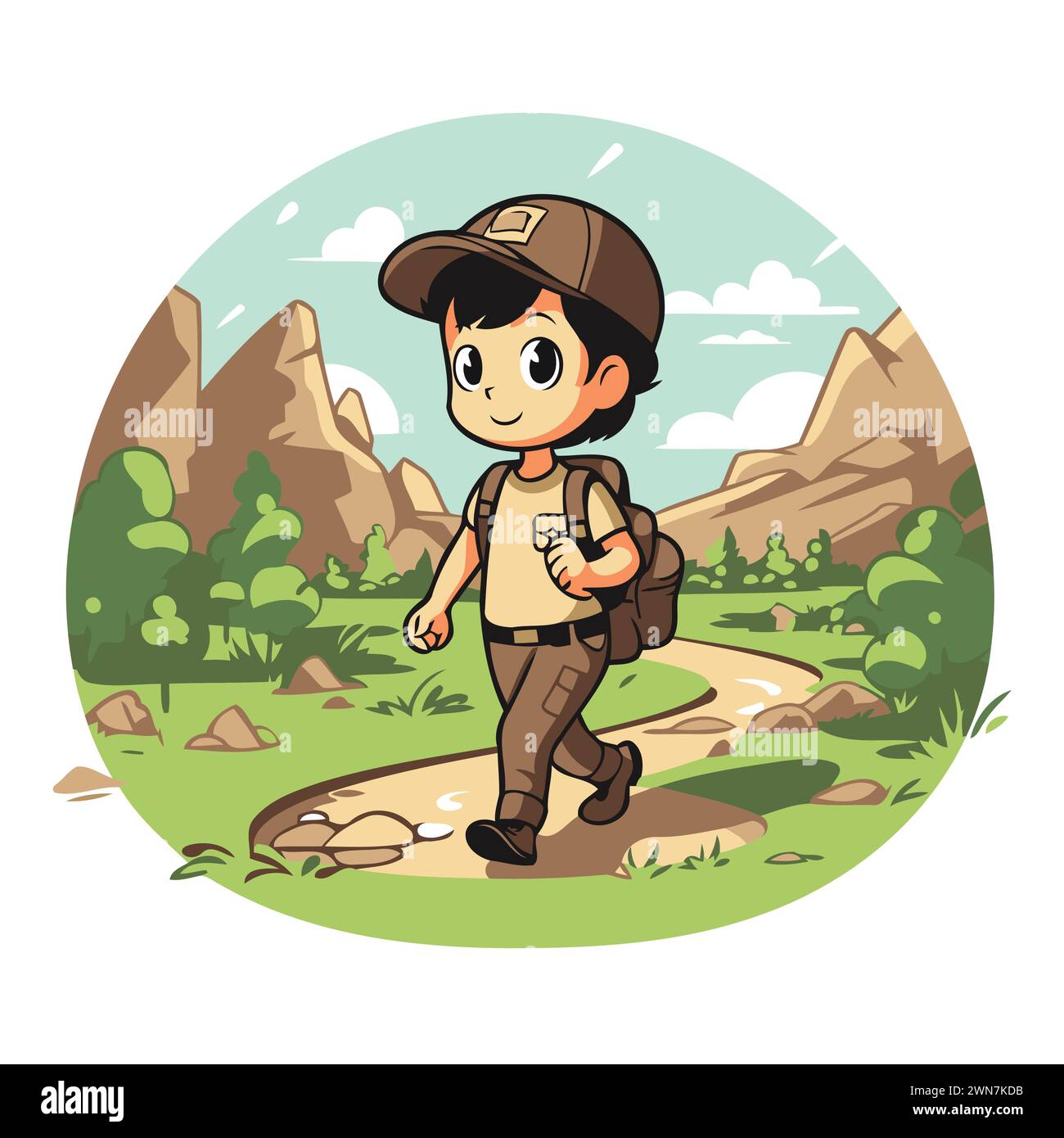 Boy scout with backpack and cap in the mountains. Vector illustration ...