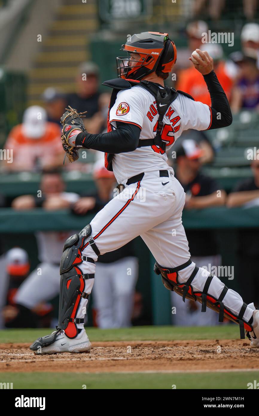 Sarasota FL USA; Baltimore Orioles catcher Adley Rutschman (35) throws