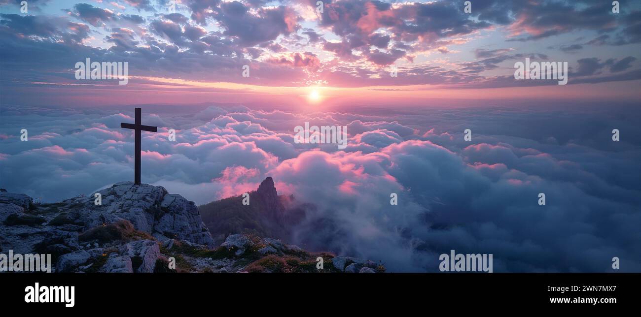 A cross standing at the peak of a mountain surrounded by clouds at sunset in the style of pink and gray The top of the mountain in sunrise clouds near Stock Photo