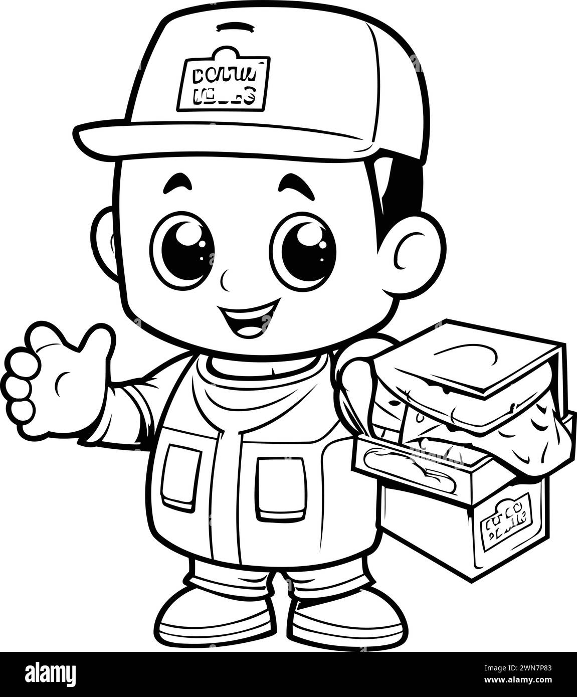 Black and White Cartoon Illustration of Cute Delivery Boy Character with Box of Food for Coloring Book Stock Vector
