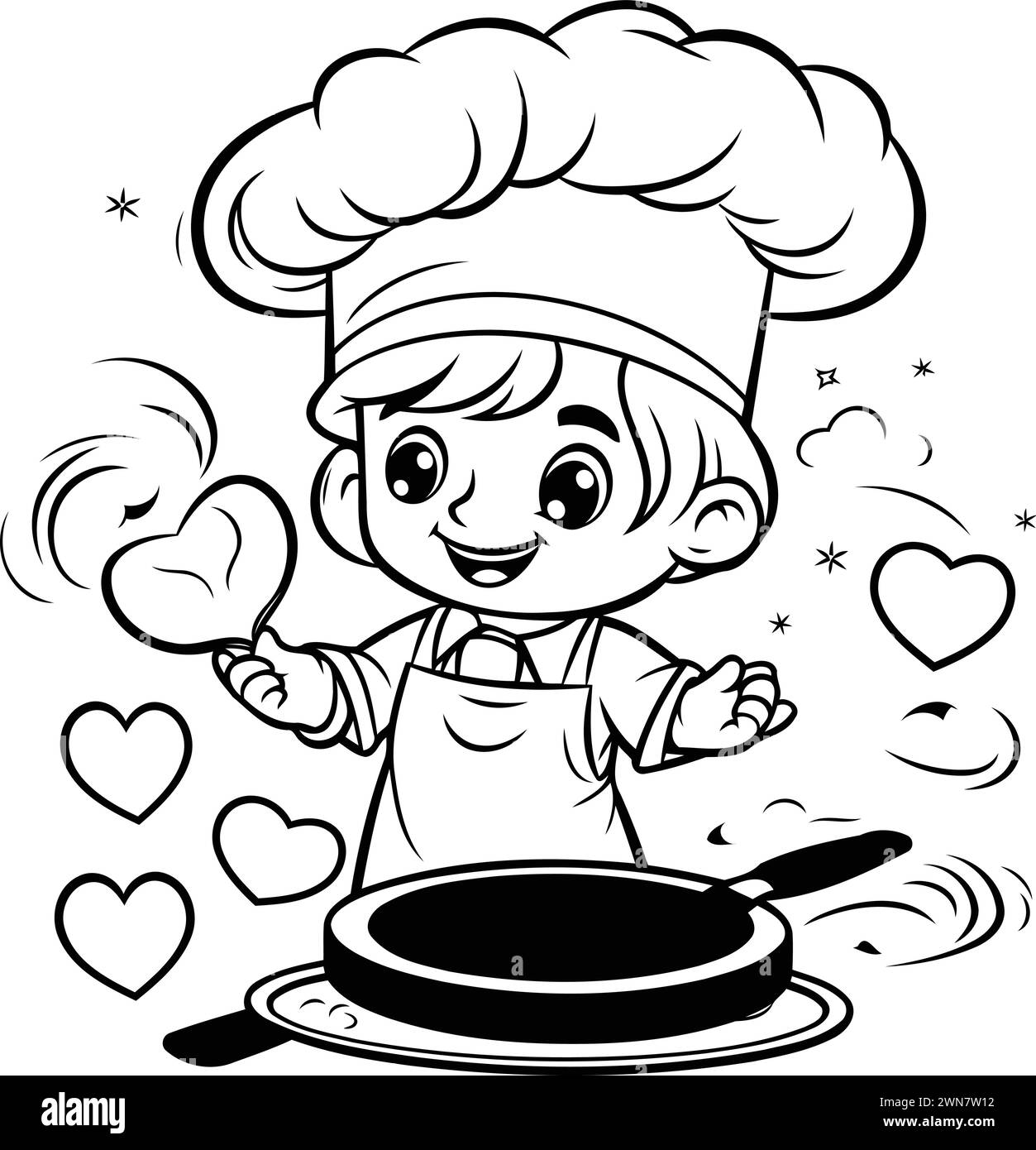 Black and White Cartoon Illustration of Cute Little Boy Chef Cooking Food for Coloring Book Stock Vector