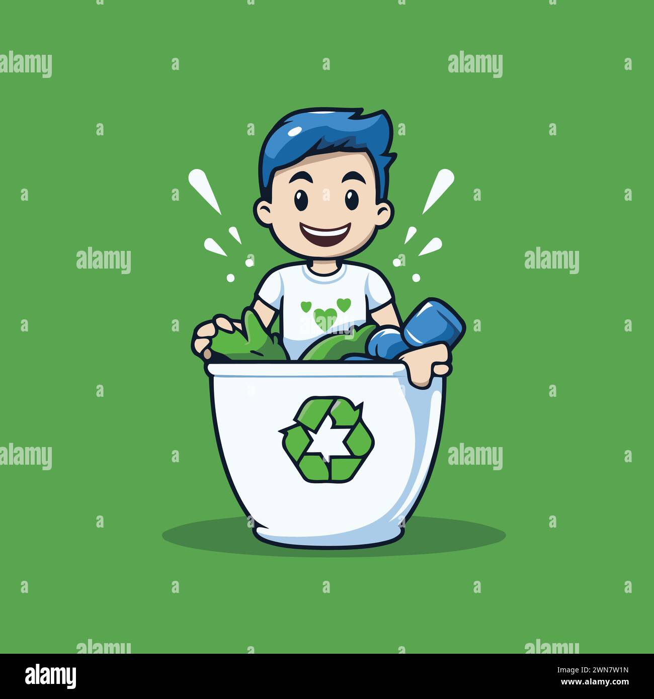 Cute boy throwing garbage in the trash can. Vector illustration Stock