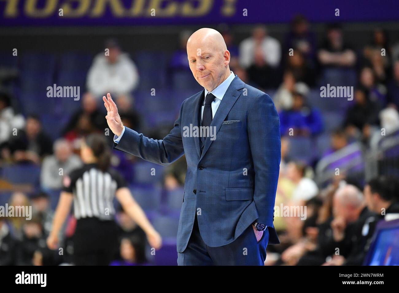 Seattle, WA, USA. 29th Feb, 2024. UCLA Head Coach Mick Cronin expresses ...