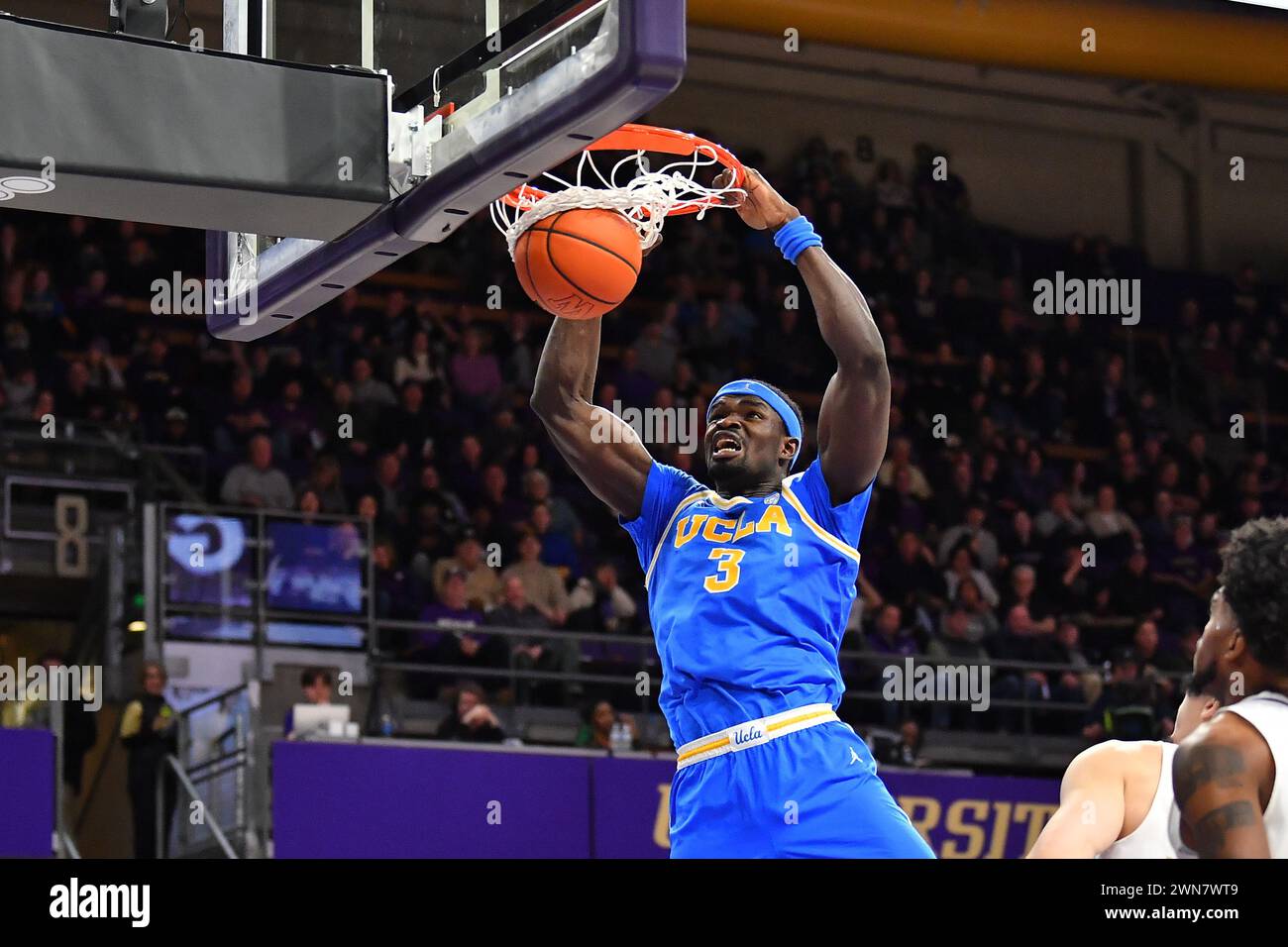 Seattle, WA, USA. 29th Feb, 2024. UCLA Bruins forward Adem Bona (3) dunks during the NCAA Basketball game between the UCLA Bruins and Washington Huskies at Hec Ed Pavilion in Seattle, WA. Washington defeated UCLA 94-77. Steve Faber/CSM (Credit Image: © Steve Faber/Cal Sport Media). Credit: csm/Alamy Live News Stock Photo