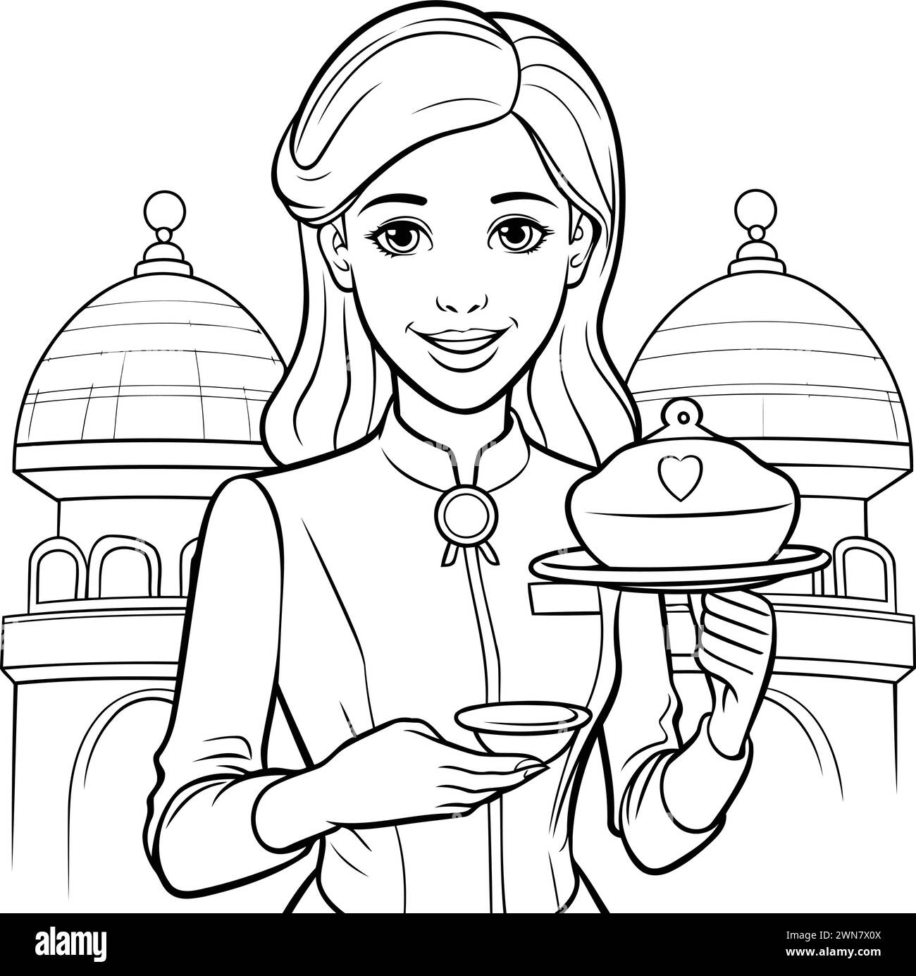 Coloring book for children: Girl waiter with a tray of food Stock Vector