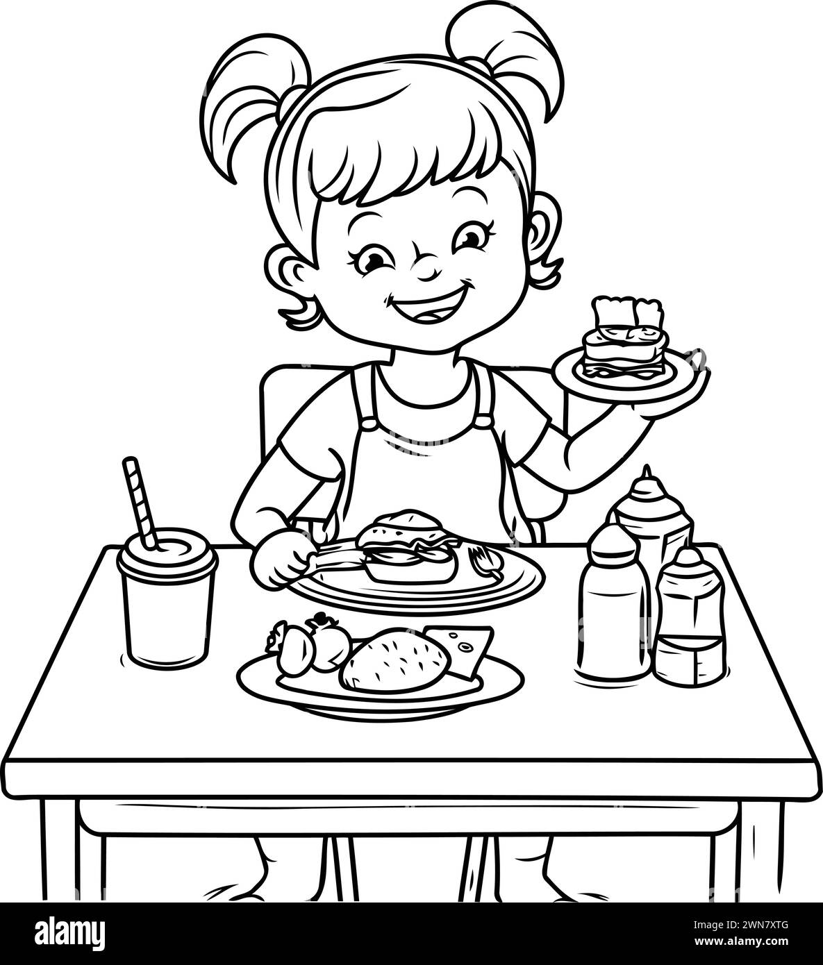 Coloring Page Outline Of a Little Girl Dining at the Table Stock Vector