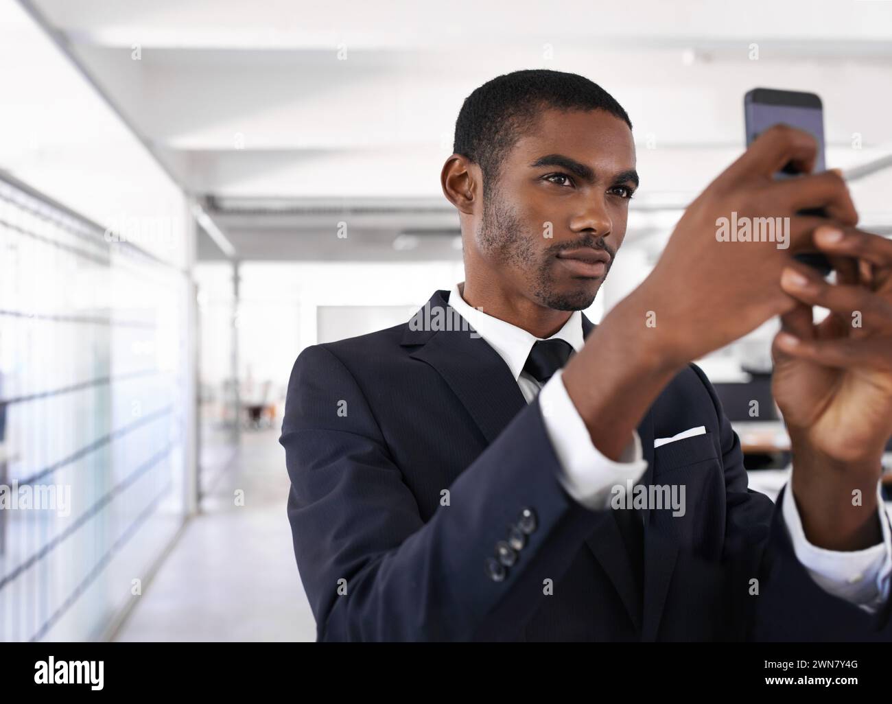 Businessman, serious and selfie in office for memory of job 