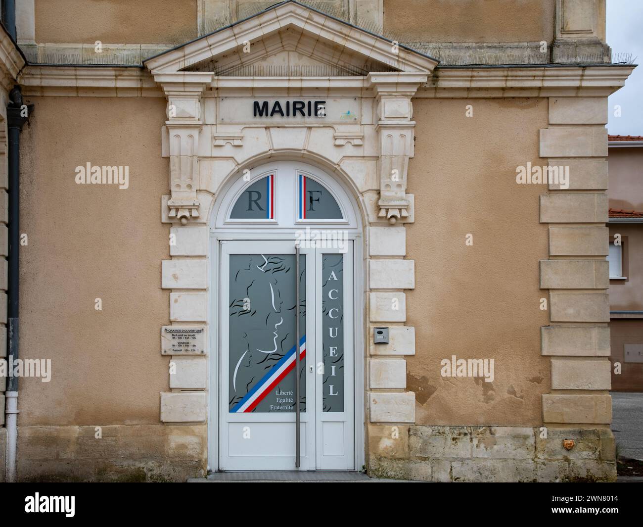 audenge , France -  02 29 2024 : city hall Mairie french text logo brand sign republic france facade entrance in town center with rf accueil signage w Stock Photo