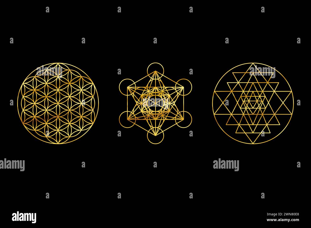 Sacred Geometry Gold Symbols on Black Background. Sri Yantra, Flower Of Life, Metatron's Cube. Stock Photo