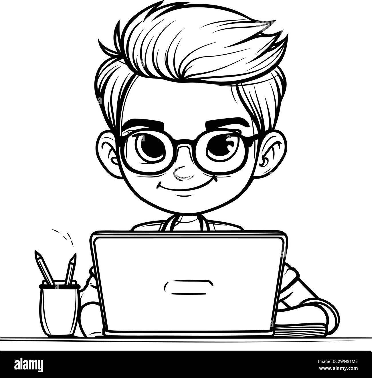 Boy with glasses using laptop. Vector illustration of a cartoon boy