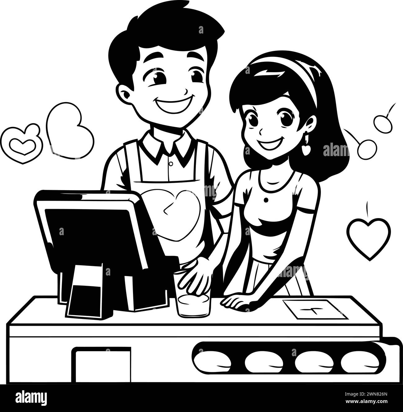 Couple in love playing computer game cartoon black and white vector