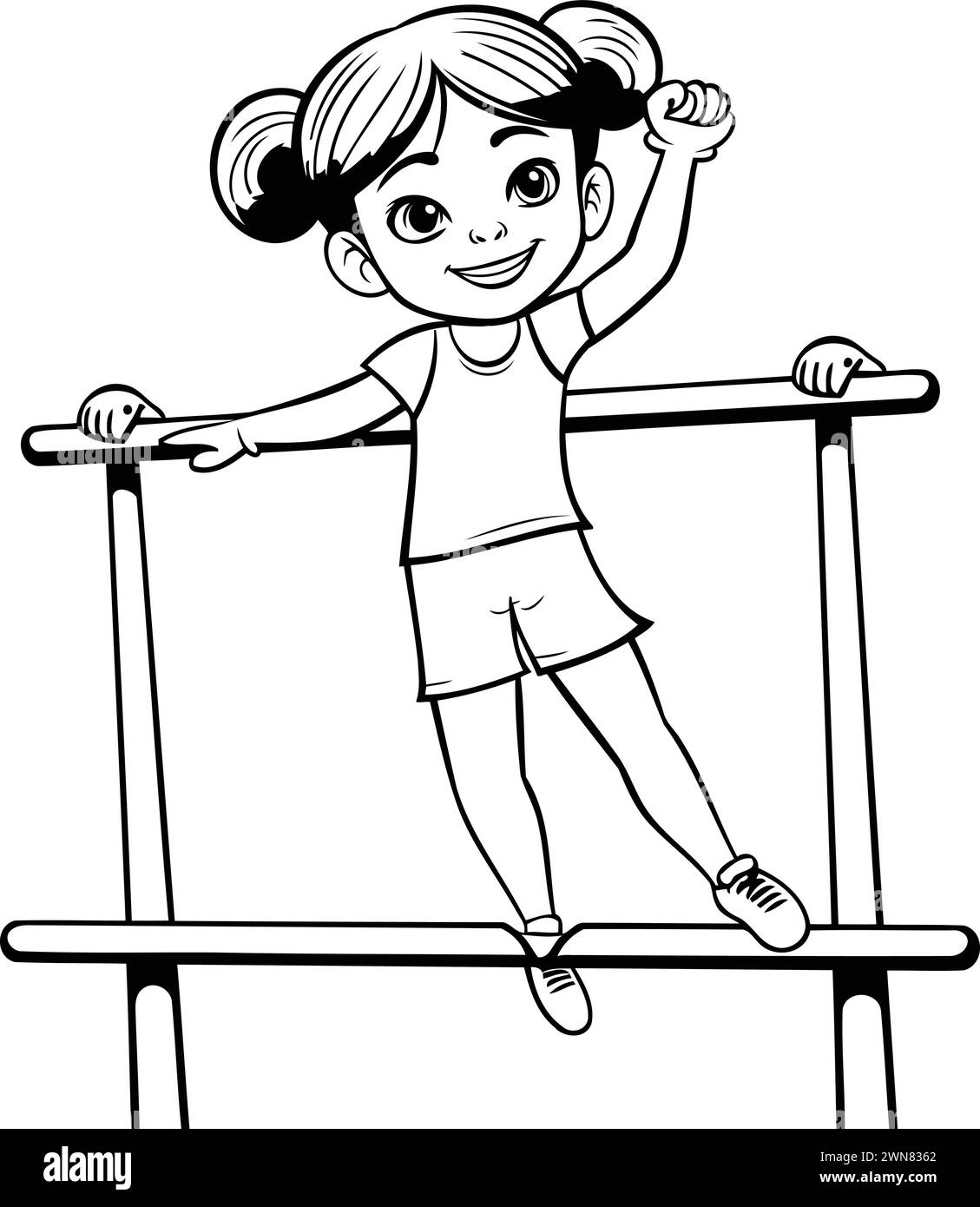Little girl doing pull ups on parallel bars. Black and white vector illustration. Stock Vector