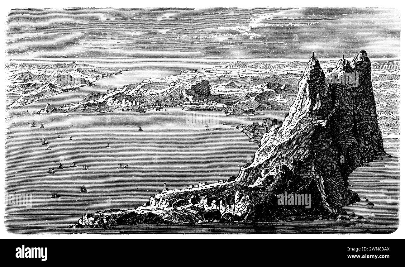 A bird's eye view of the Strait of Gibraltar, ,  (encyclopedia, 1893), Straße von Gibraltar aus der Vogelschau, Détroit de Gibraltar vu du ciel Stock Photo