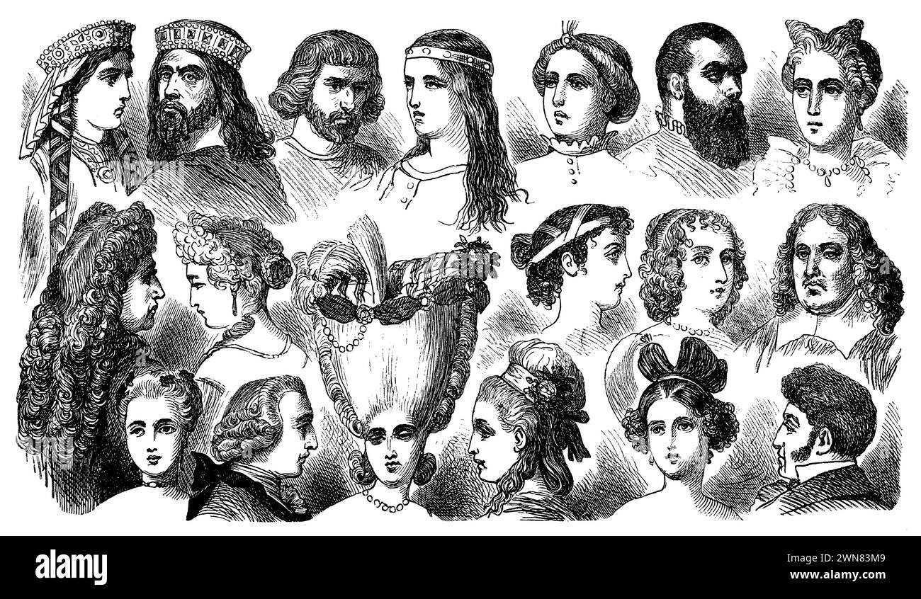 Hairstyles from different eras: 10 and 11 6th century. 12 and 13 13th century. 14th century. 15 and 16 16th century. 17 and 18 The time of Louis XIII Beit. 19 Anno 1799. 20 and 21 Louis XIV. 22 & 23. Anno 1740. 24 & 25. Anno 1780. 26 & 27 Ums Lahr 1824., ,  (encyclopedia, 1893), Frisuren verschiedener Epochen: 10 u 11 6. Jahrhundert. 12 u.13 13. Jahrhundert. 14. Jahrhundert. 15 u. 16 16. Jahrhundert. 17 u. 18. Zeit Ludwigs XIII. Beit. 19. Anno 1799. 20 u. 21 Ludwigs XIV. Beit. 22 u. 23. Anno 1740. 24 u. 25. Anno 1780. 26 u. 27 Um drs Lahr 1824., Coiffures de différentes époques: 10 u 11 6e siè Stock Photo