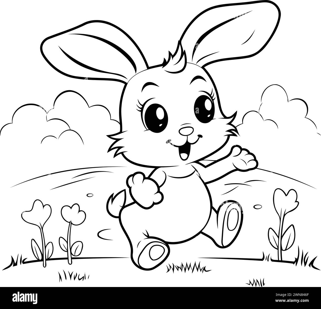 Easter bunny running in the grass. Vector illustration for coloring book. Stock Vector