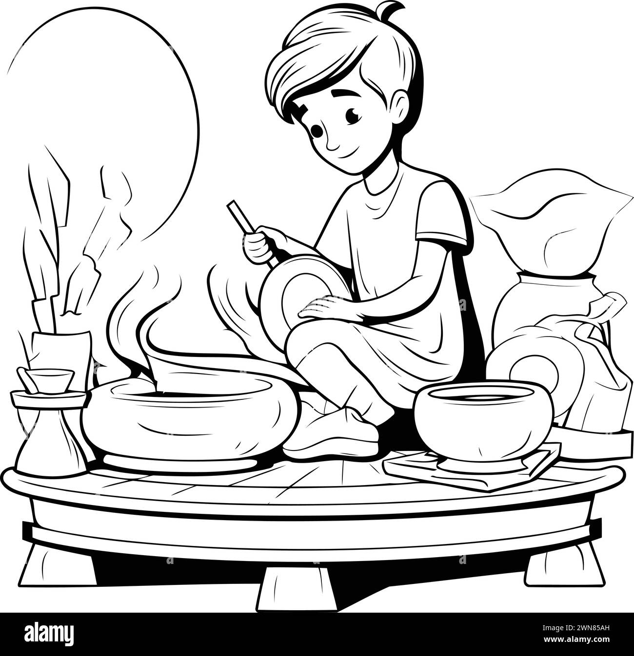 Potter at work. Black and white vector illustration for coloring book