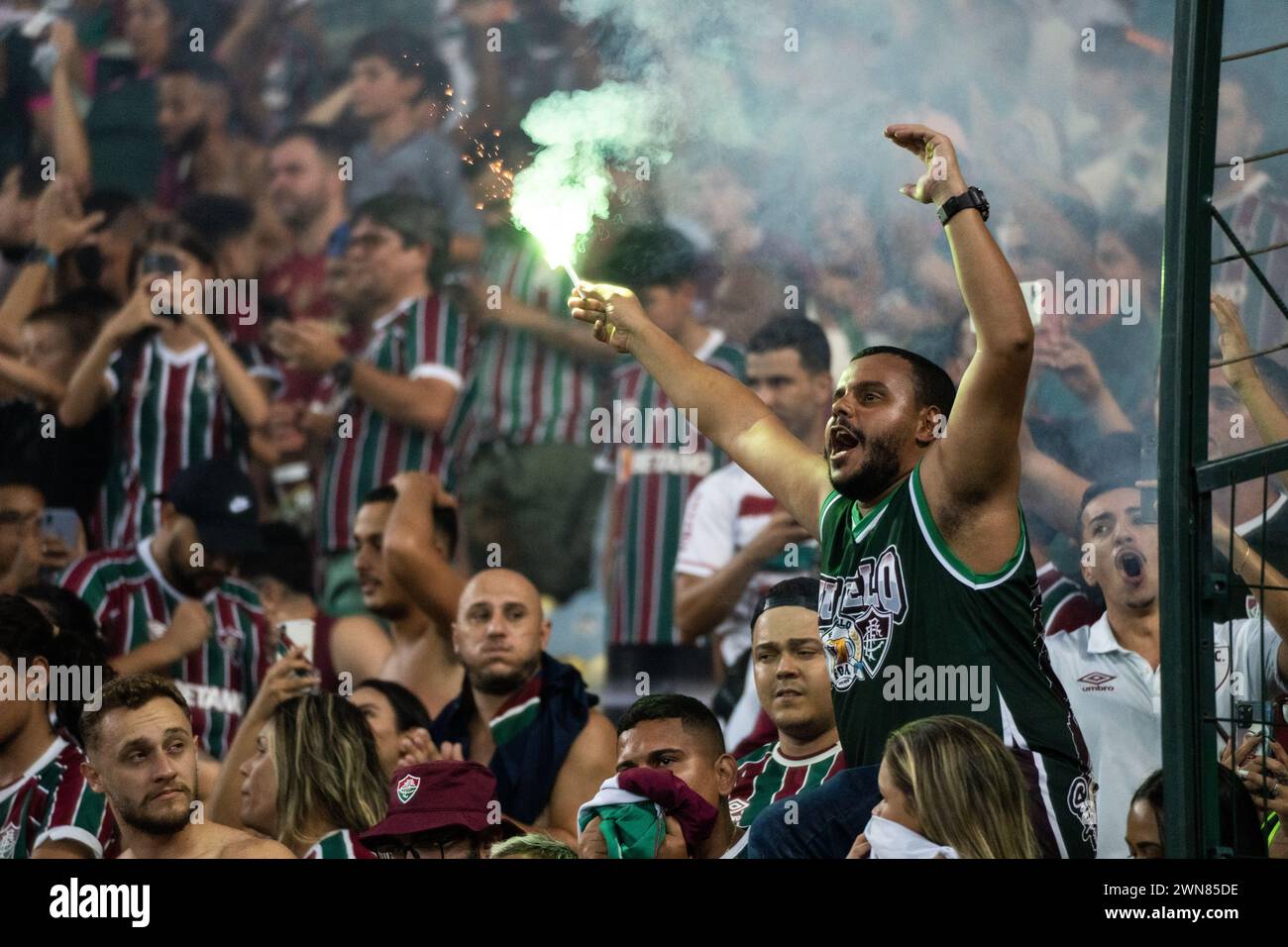 Rio De Janeiro, Brazil. 29th Feb, 2024. Fluminense's fans react during the final 2nd leg football match between Fluminense and LDU Quito of the 2024 Recopa Sudamericana in Rio de Janeiro, Brazil, Feb. 29, 2024. Credit: Wang Tiancong/Xinhua/Alamy Live News Stock Photo