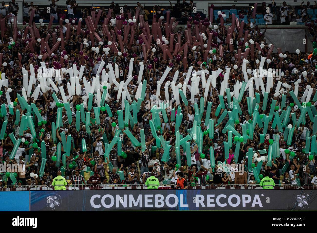 Rio De Janeiro, Brazil. 29th Feb, 2024. Fluminense's fans cheer during the final 2nd leg football match between Fluminense and LDU Quito of the 2024 Recopa Sudamericana in Rio de Janeiro, Brazil, Feb. 29, 2024. Credit: Wang Tiancong/Xinhua/Alamy Live News Stock Photo