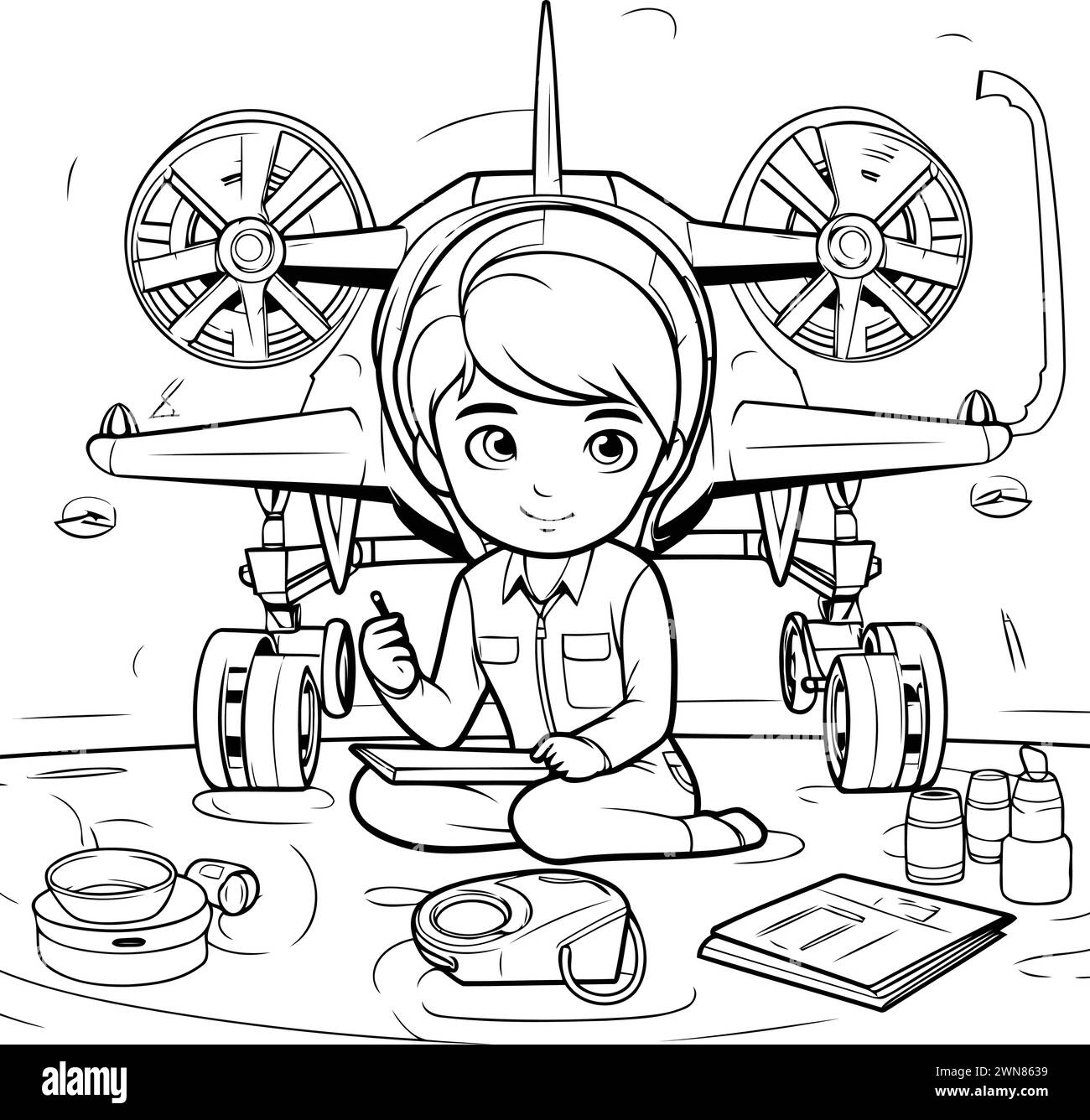 Cartoon Illustration of Kid Boy or Kid Artist Character Repairing